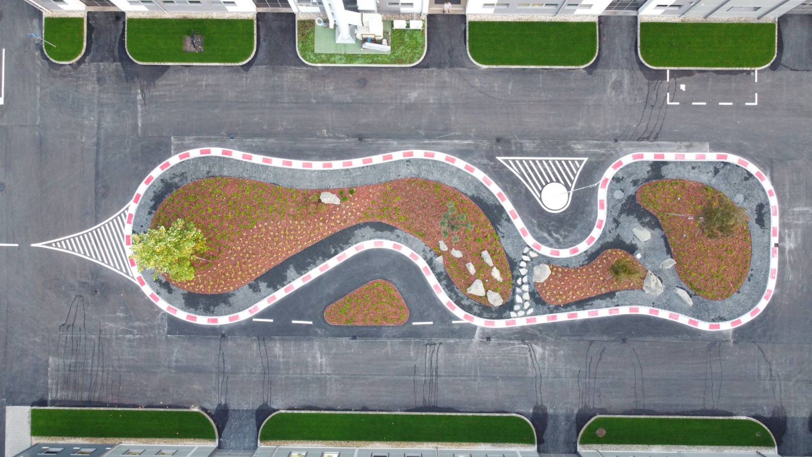 The landscaped courtyard of the new campus from above