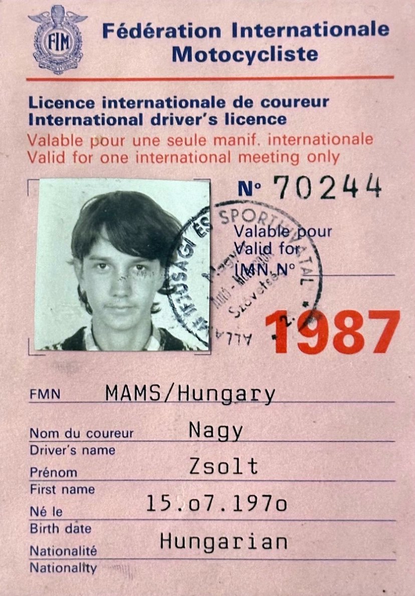 Zsolt’s international racing licence, 1987